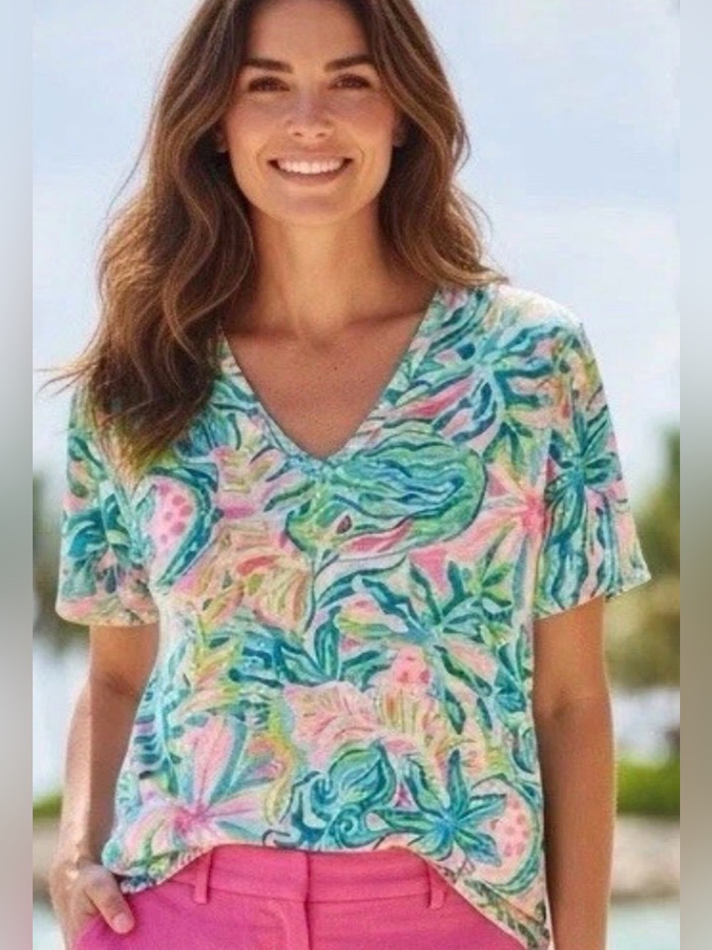 Lilly Pulitzer Etta V Neck Tshirt One in a Melon, 
Size XXL